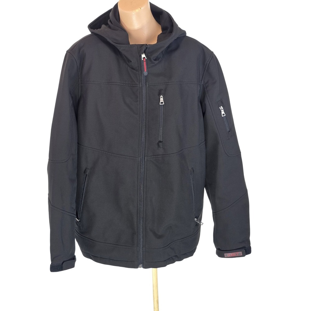Guess Jacket Mens XL Black Hooded Full Zip Windbreaker Casual 11JLK3012 Sporty‎